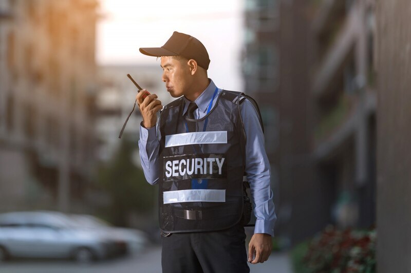 Another security guard holding a walkie talkie.